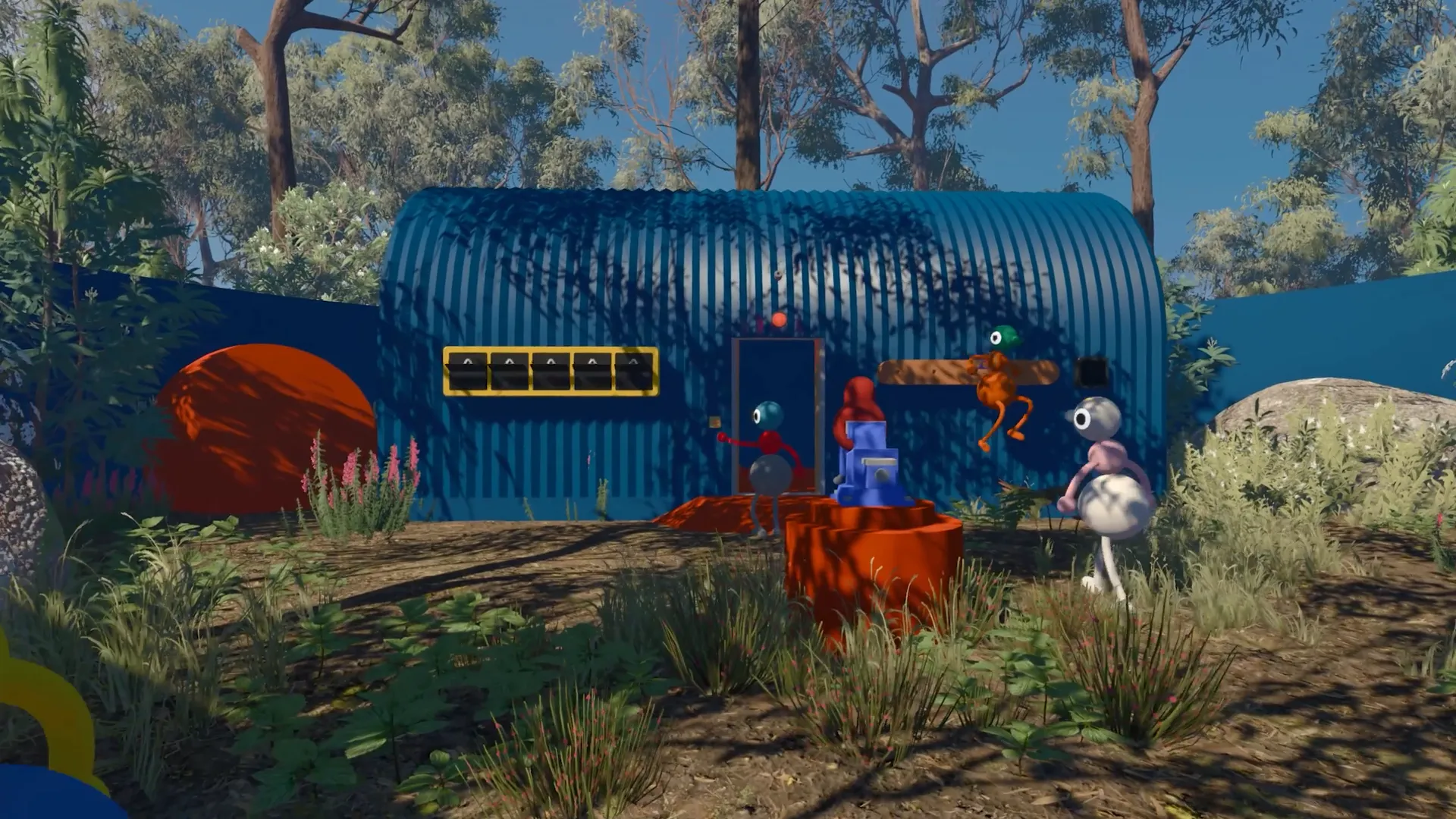 Friends gathered at a blue building covered in puzzle symbols.