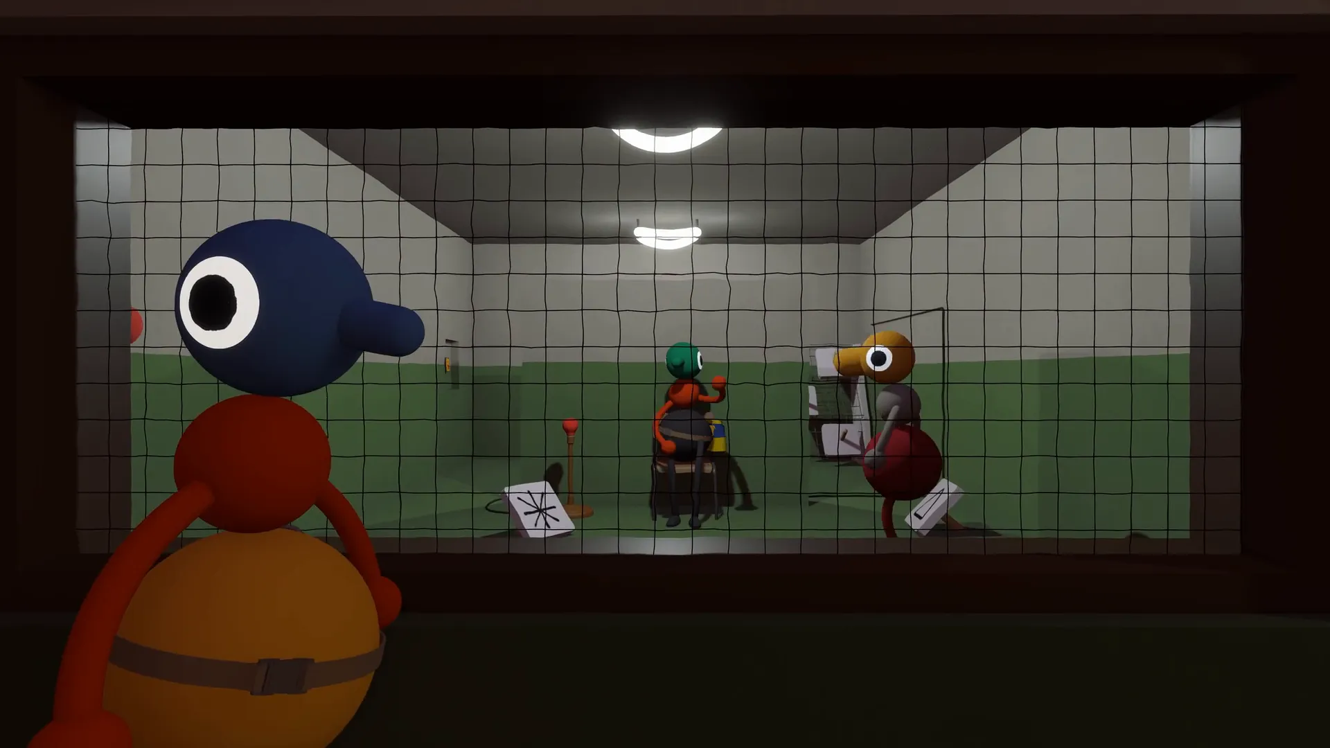 A blue-headed friend looking through a window at friends solving a tiled-room puzzle.