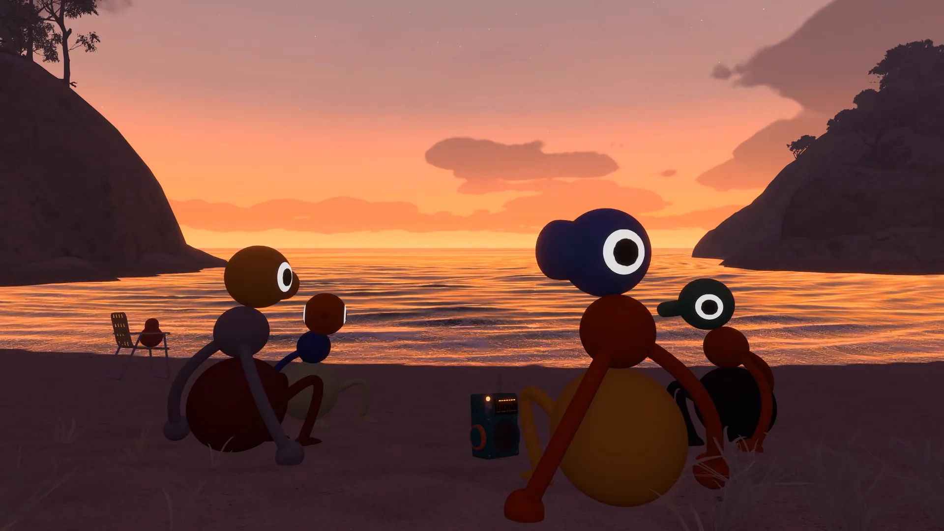 Friends standing at the water’s edge in the evening light.