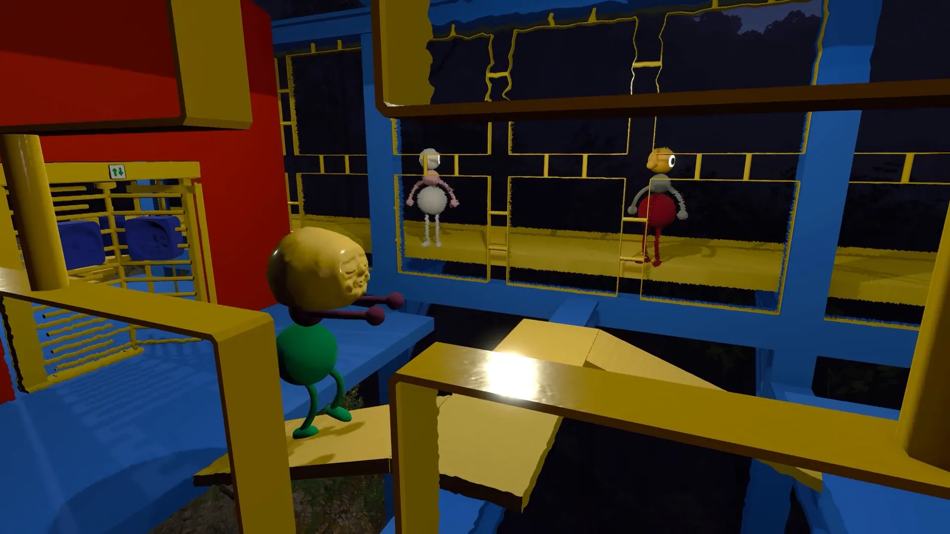 A gold-headed friend beside a coloured diagram at a station.