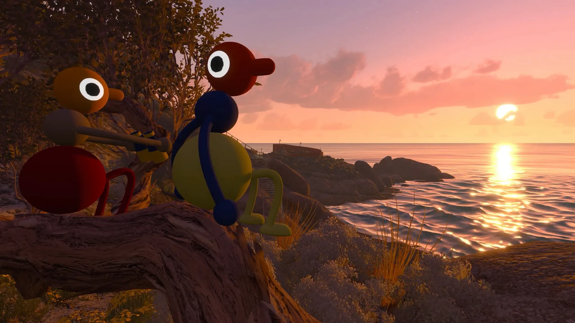 Two friends sitting on a ledge above the sea at sunset.