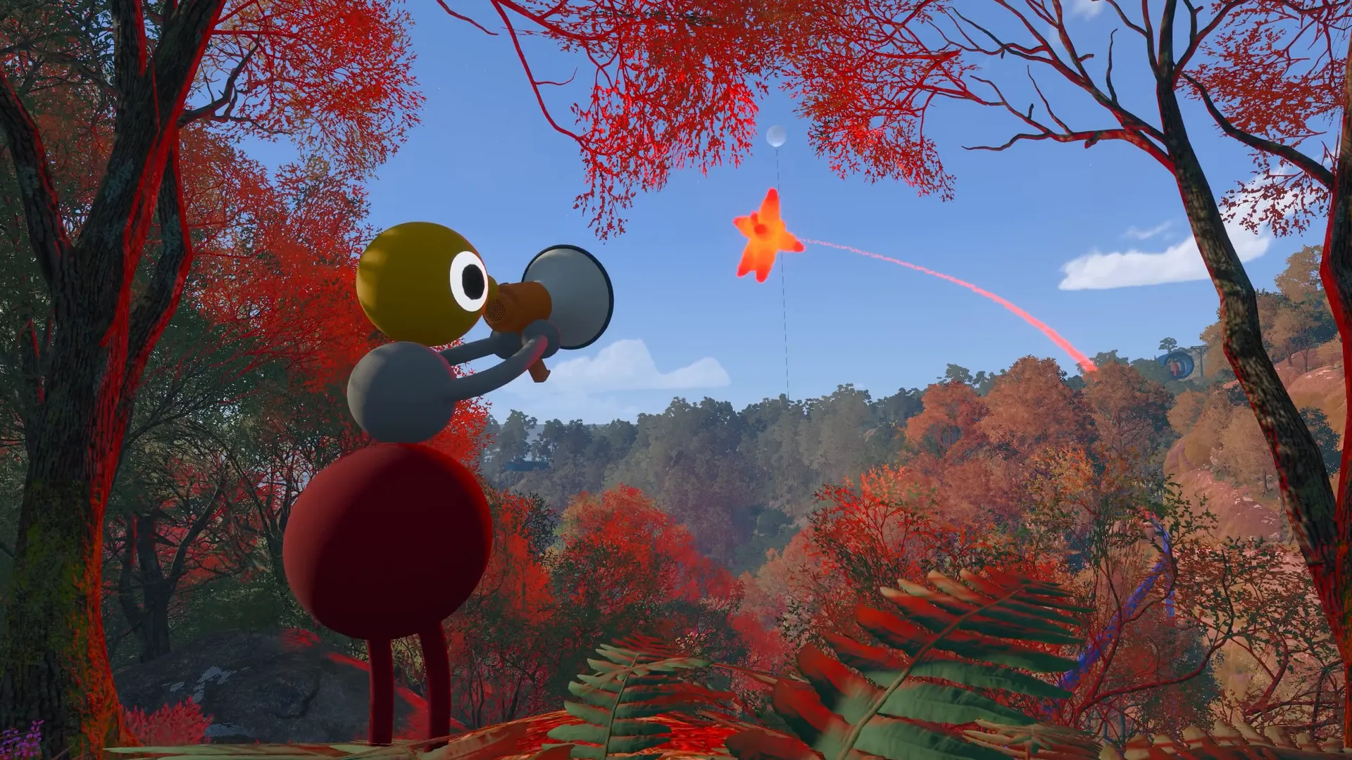 A yellow-headed friend holding a megaphone beneath a red flare.
