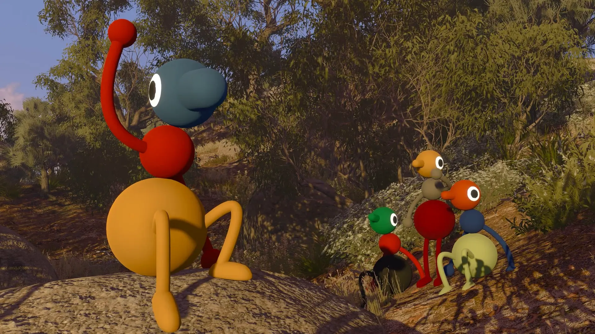Four friends sitting together on a scrub-covered slope.