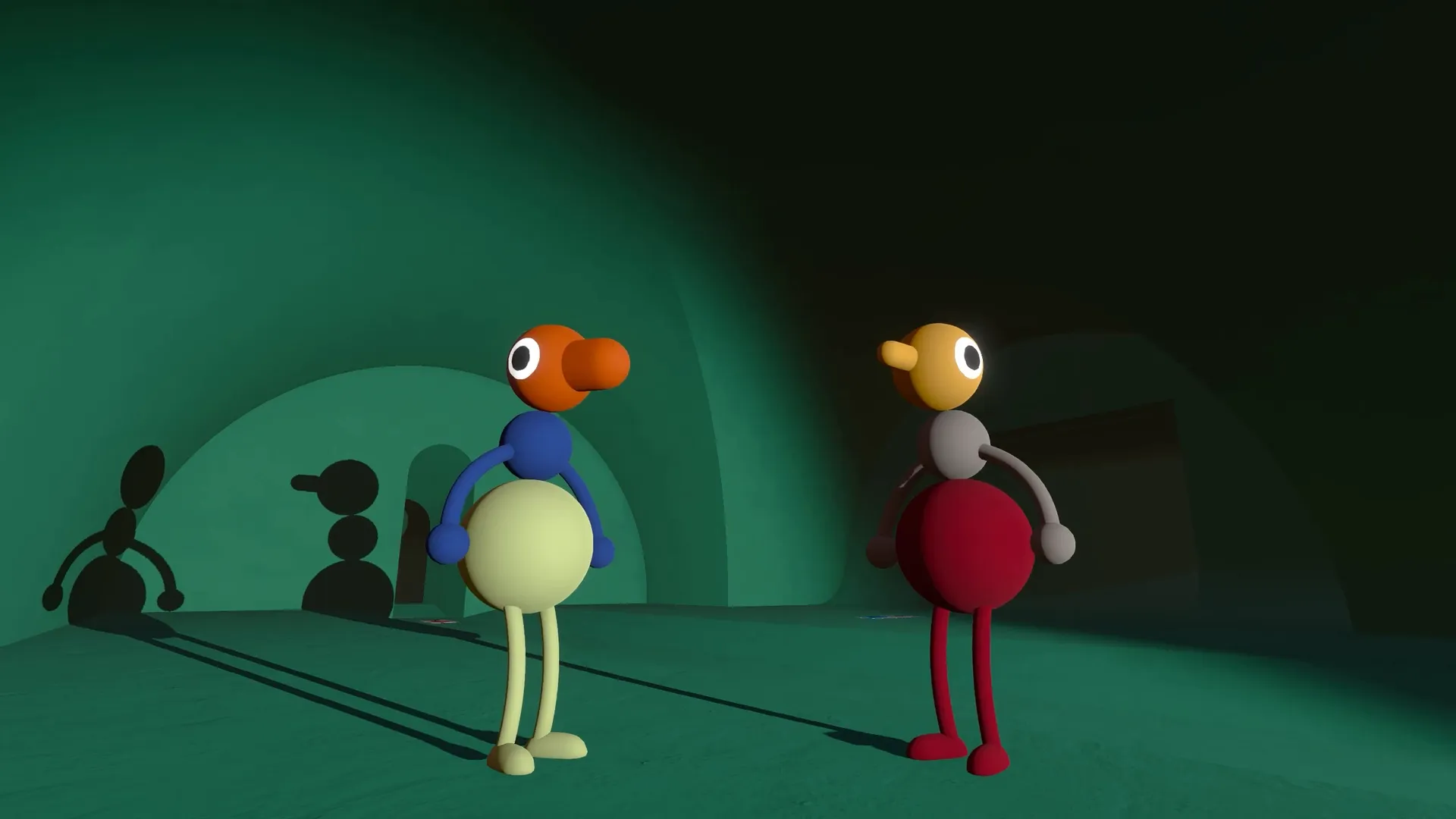 Two friends casting long shadows inside a green chamber.