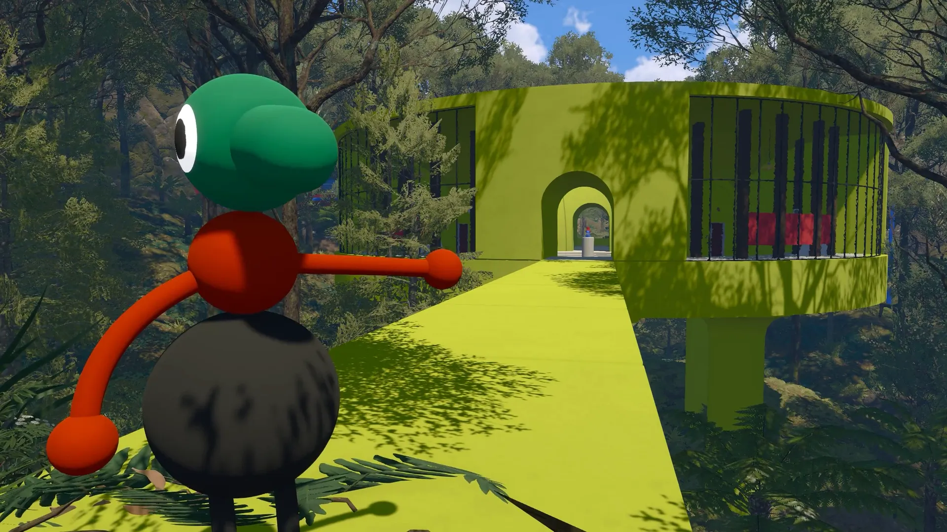 A green-headed friend pointing toward a bright green puzzle building.