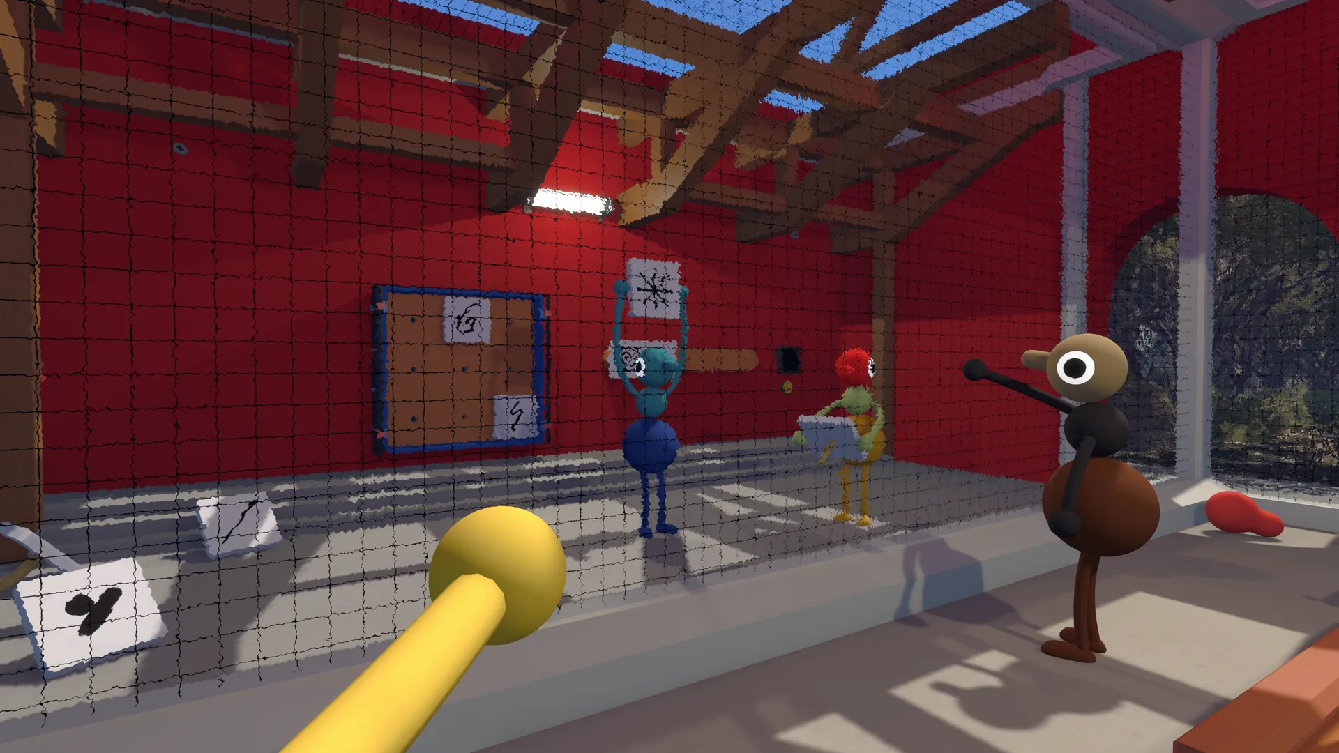 Friends holding symbol boards inside a red tiled puzzle room.