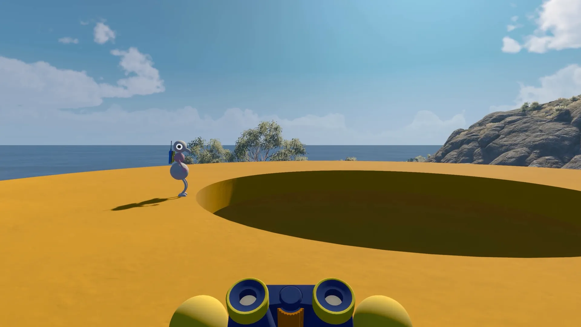 A friend running around the rim of a huge yellow bowl.