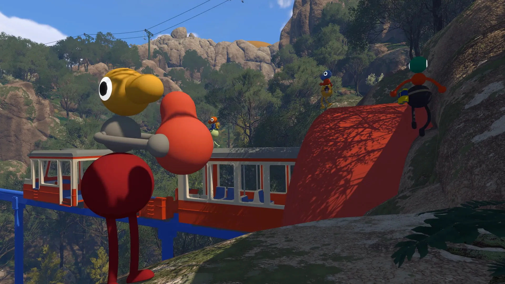 A yellow-headed friend above the railway beside a red bridge.