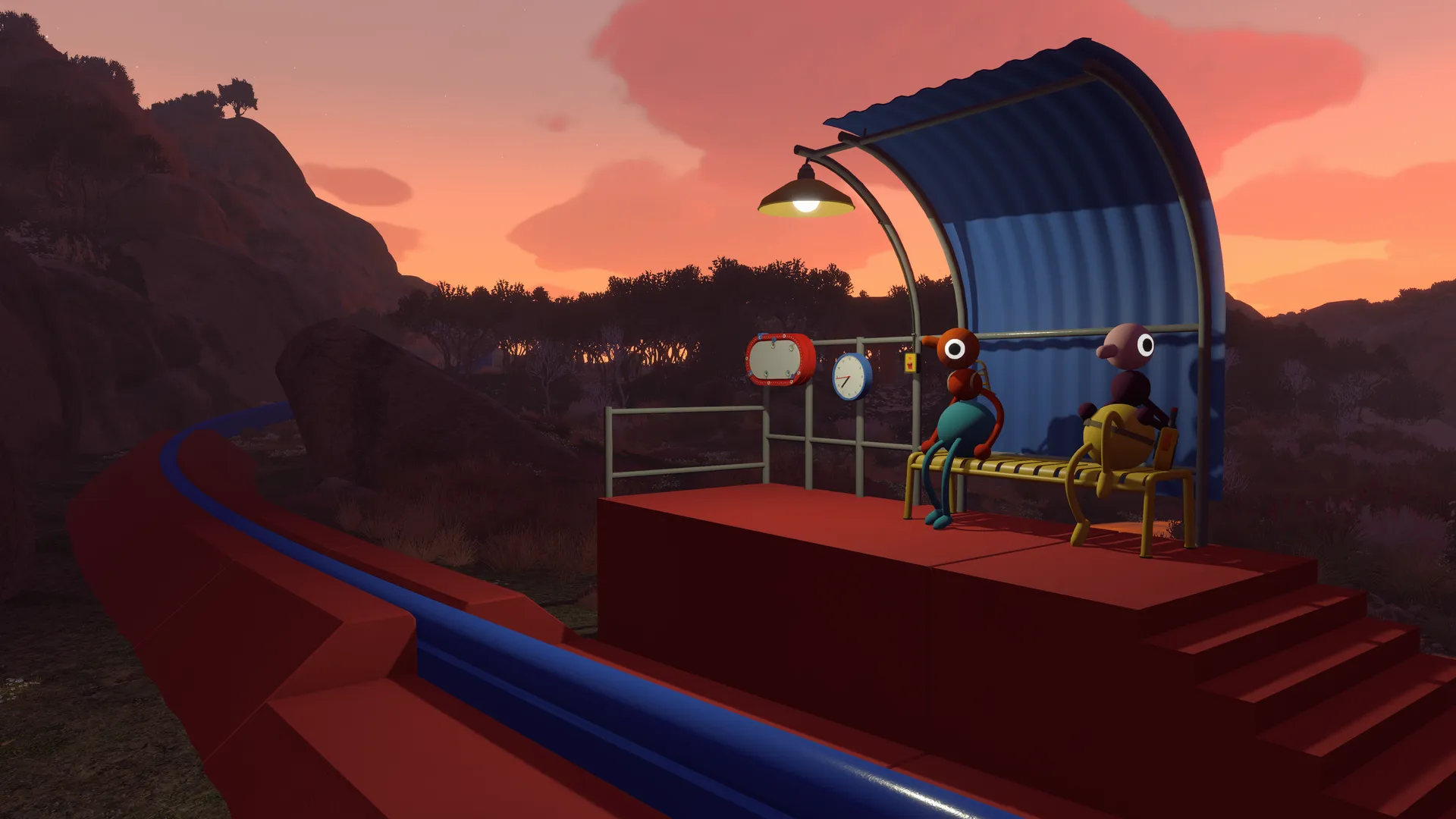 Friends riding in the open train carriage at sunset.